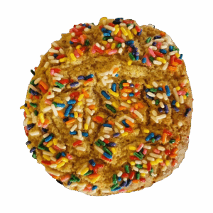 A colorful sprinkle-covered cookie with a textured surface.