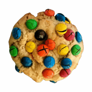 A cookie topped with colorful candy-coated chocolates.