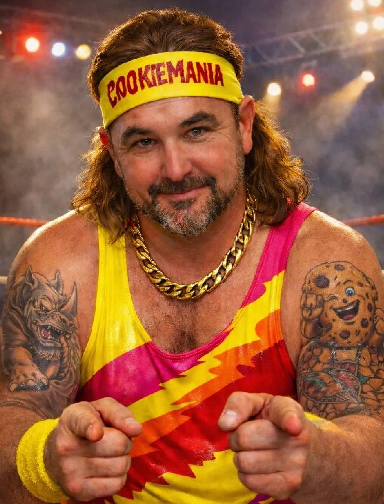 Man with tattoos wearing a colorful tank top and a yellow hat.
