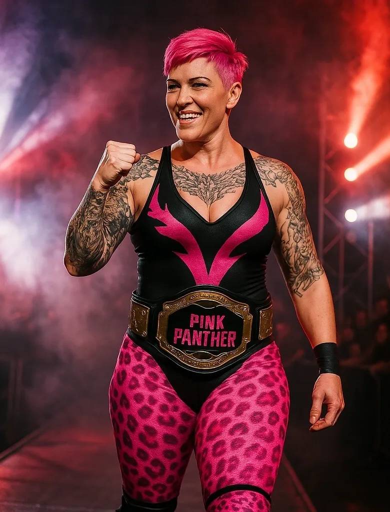 Female wrestler with pink hair and tattooed arms in a vibrant outfit poses confidently.