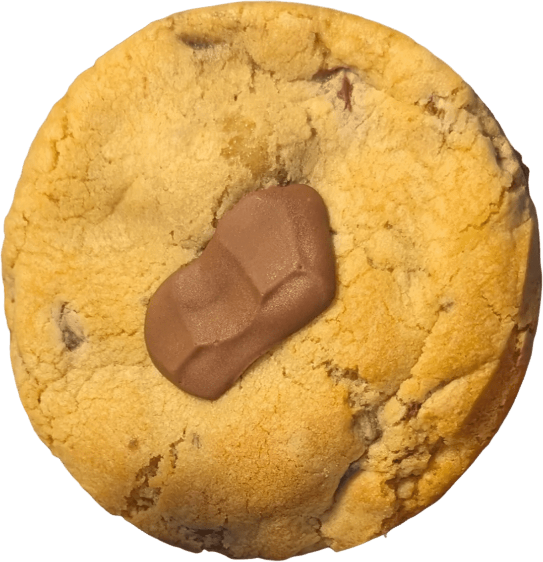 Chocolate chip cookie with a unique chocolate piece on top.