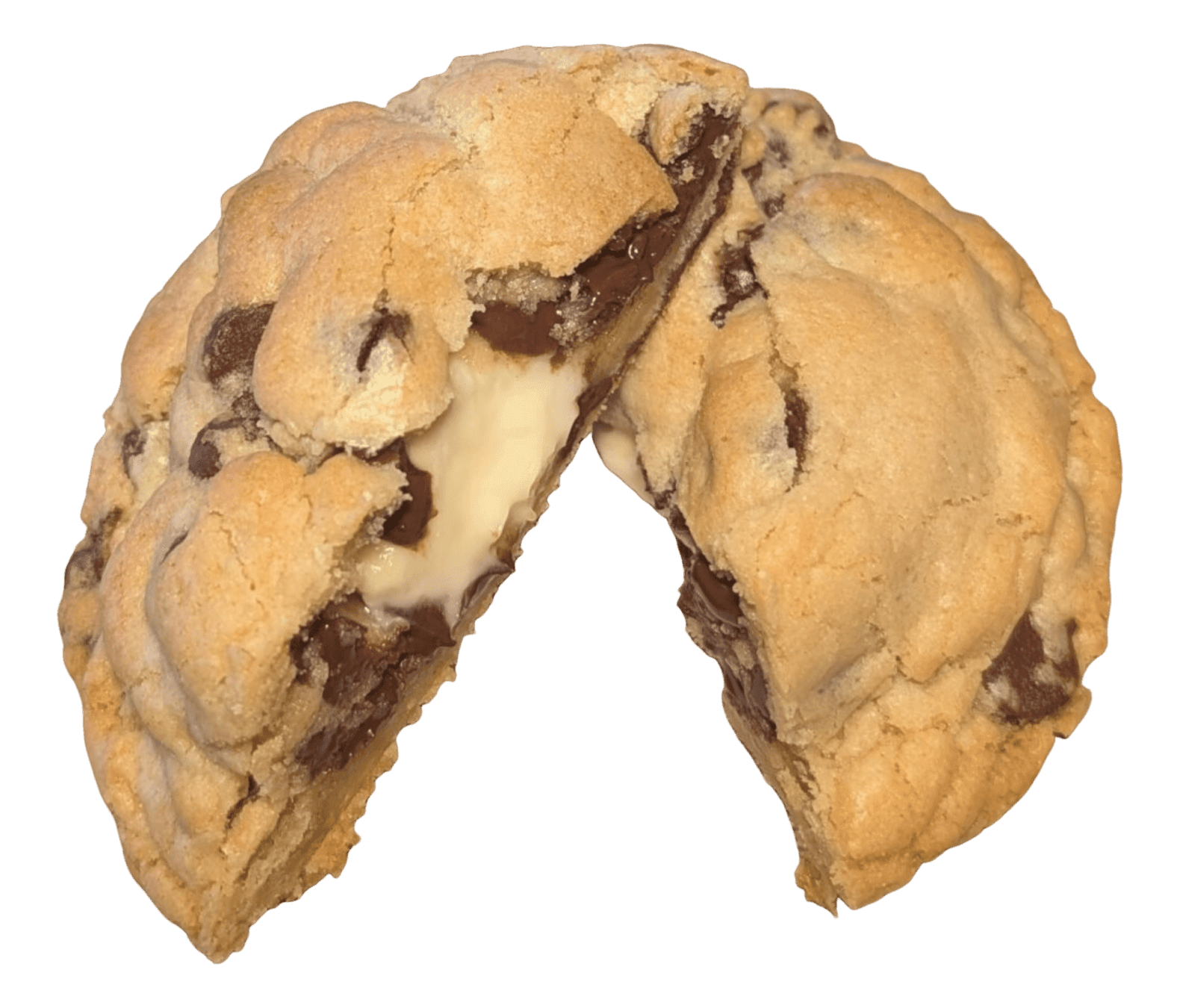 A chocolate chip cookie broken in half.