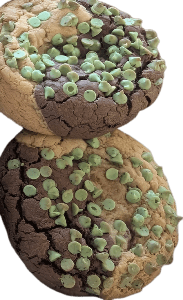 Two chocolate cookies with green chips stacked together.