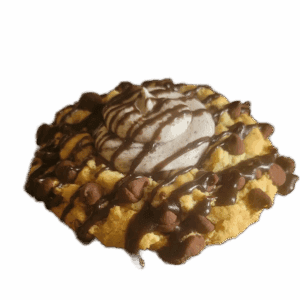 A funnel cake topped with powdered sugar and drizzled chocolate.